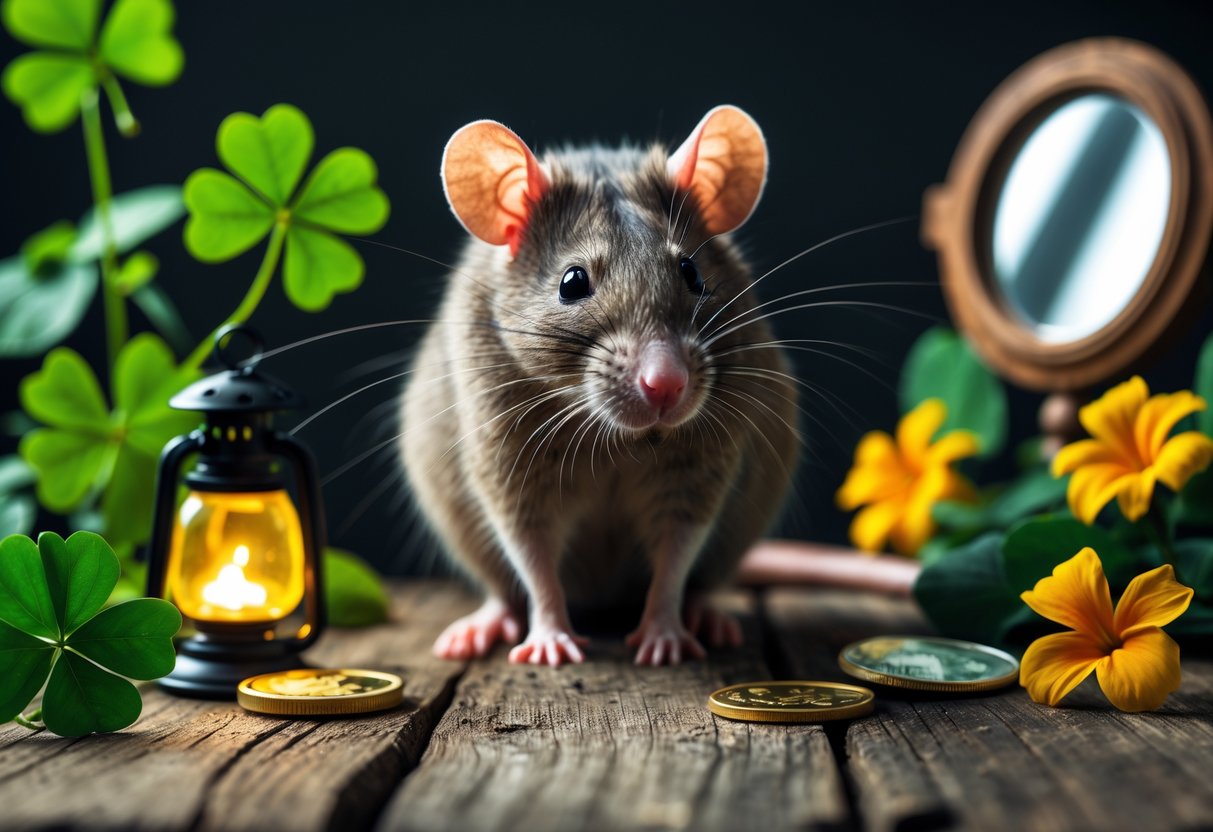 A close-up of a rat sitting on a wooden surface with green four-leaf clovers, a gold coin, and a glowing lantern on one side, and broken mirrors and wilted flowers on the other.