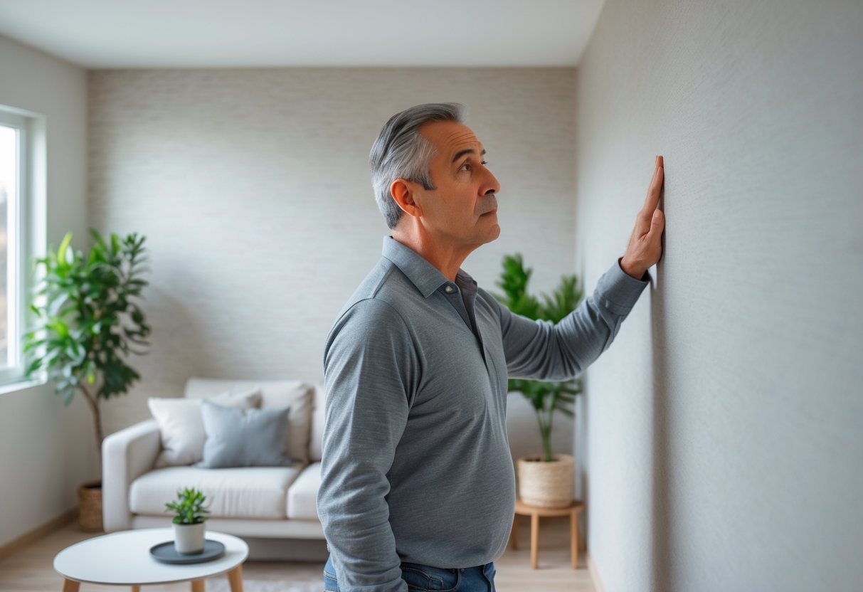 A person pressing their ear against a wall in a living room, listening carefully.