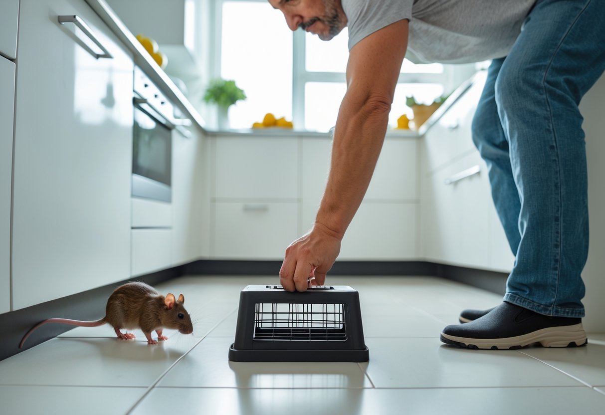 A person placing a humane rat trap on the kitchen floor near a small rat by the cabinet.