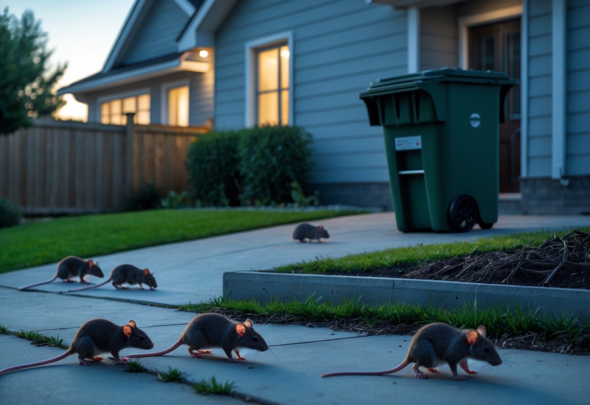 Rats foraging near a suburban house exterior and garbage bin in the early evening.