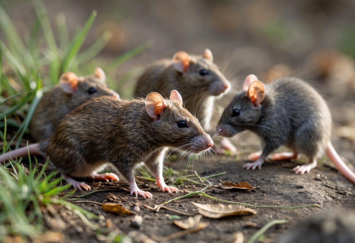 Several rats on the ground near grass, with one rat beginning to run away.