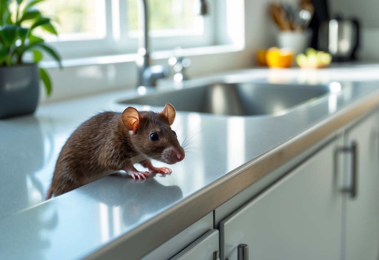 A small brown rat peeking out from behind a kitchen cabinet in a clean, modern kitchen.