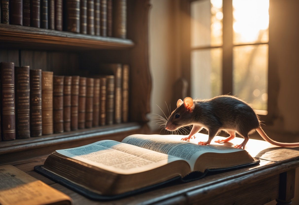 An open Bible on a wooden table with a small rat nearby in a softly lit study room.