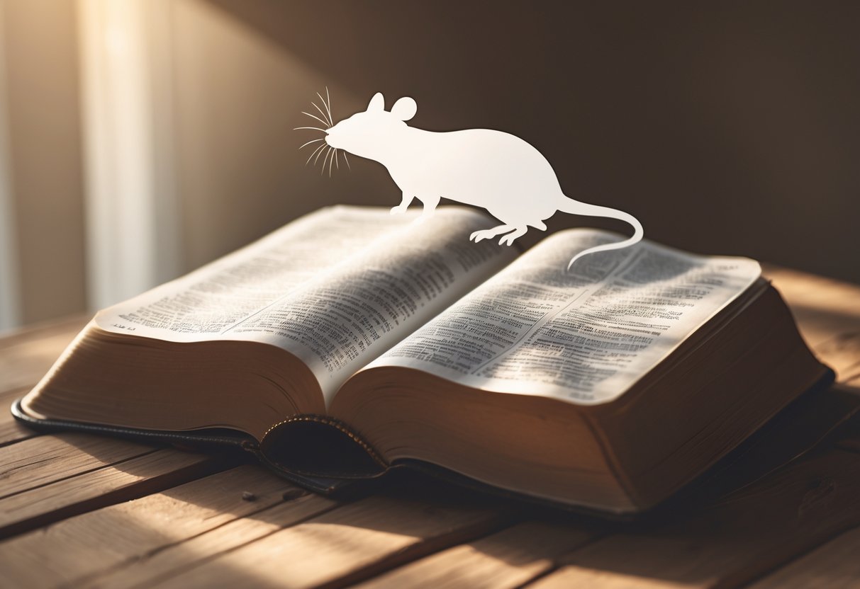 An open Bible on a wooden table with soft light and a faint translucent silhouette of a rat above the pages, creating a calm and reflective atmosphere.