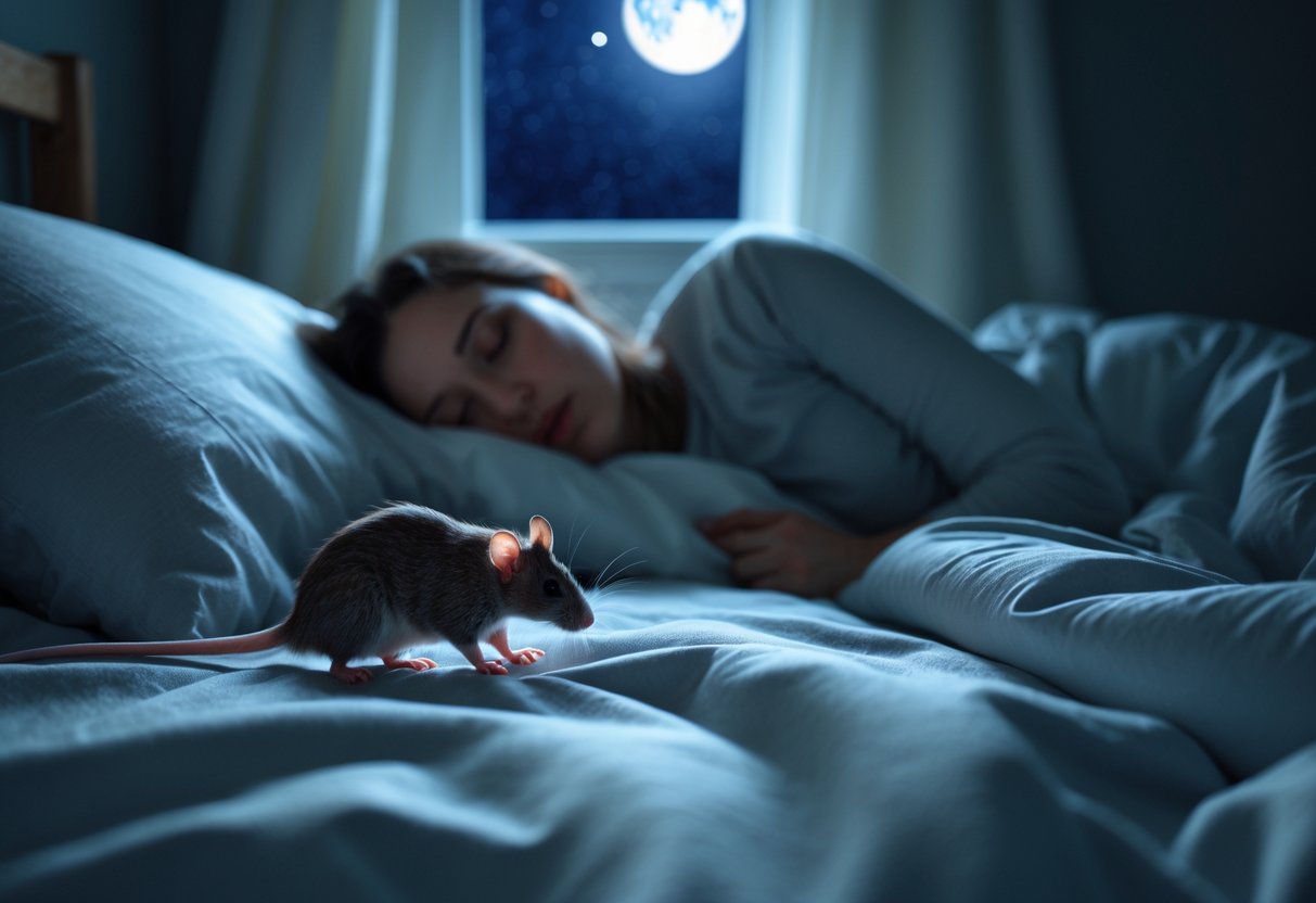 A person sleeping in bed at night with a small rat near the bed, quietly approaching.