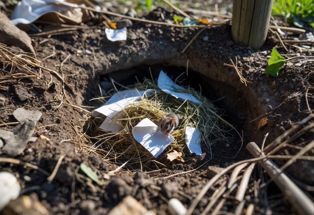 Close-up of a rat nest in a small ground burrow with shredded materials and natural debris around it.