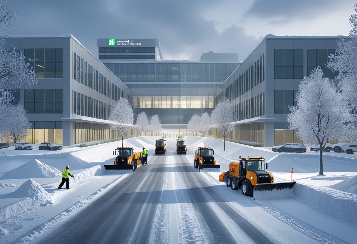 Snow removal vehicles clearing snow around important commercial buildings with workers in safety gear ensuring clear access during winter.