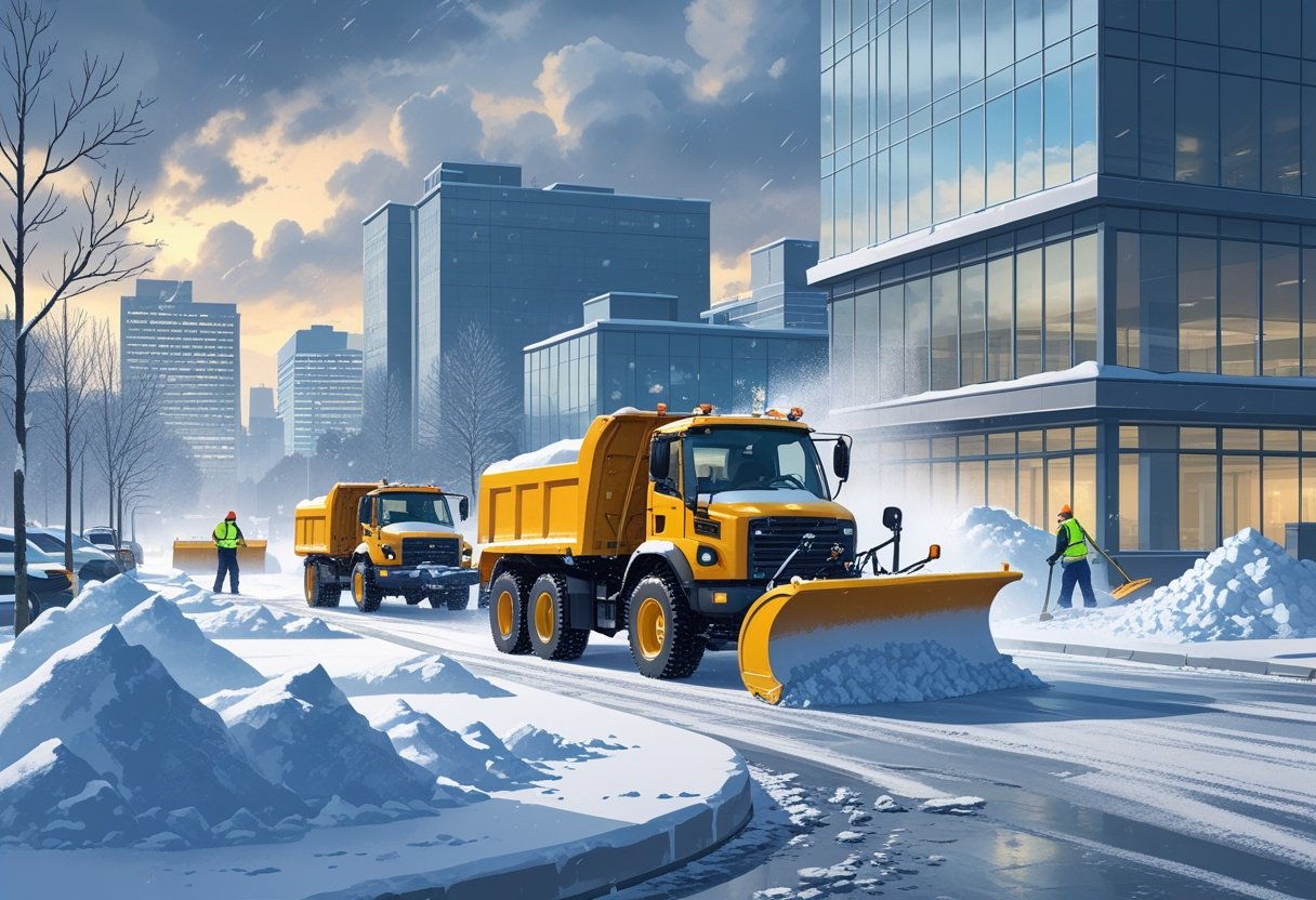 Snow removal machines clearing heavy snow from parking lots and sidewalks around important commercial buildings during winter.