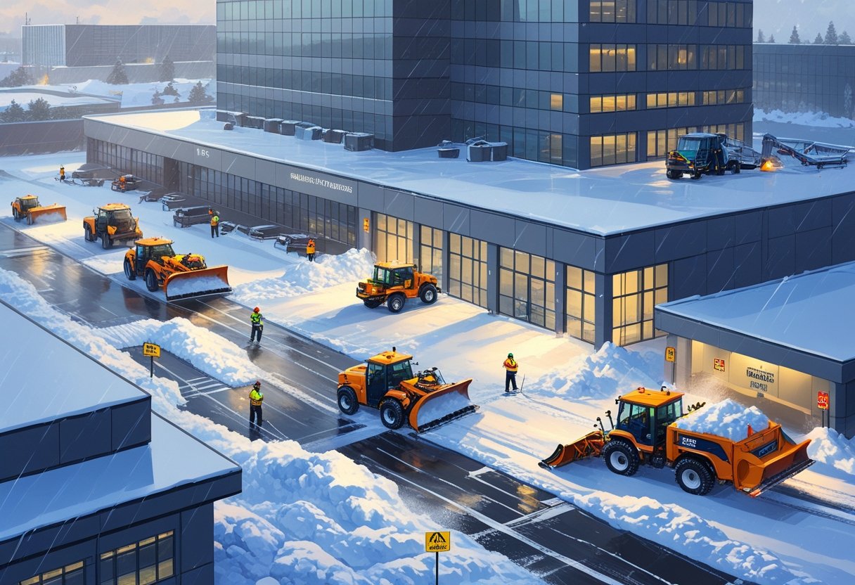 Snow removal vehicles and workers clearing heavy snow around a large commercial building during a snowstorm.