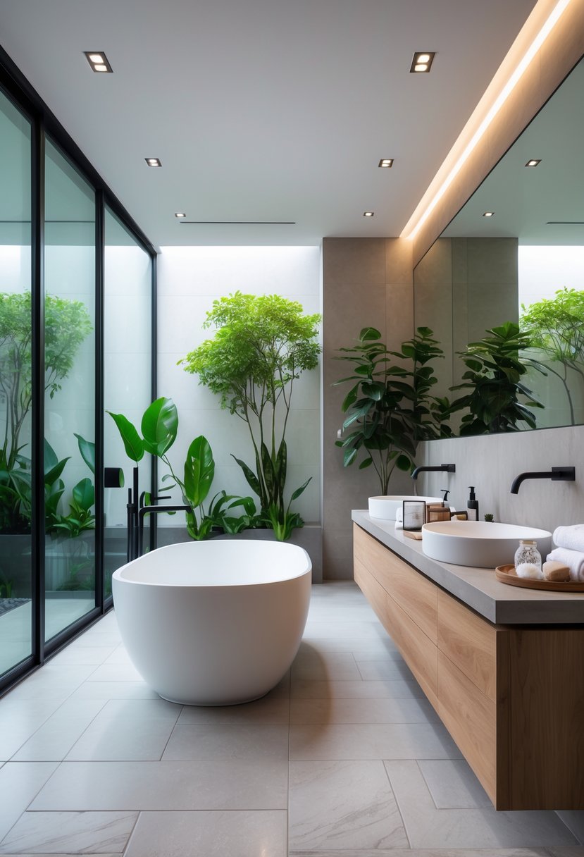 Bathroom Ideas 2026: 22 Stylish Trends for a Modern Upgrade 2 A bright bathroom with a freestanding bathtub, wooden vanity, large window, and indoor plants.