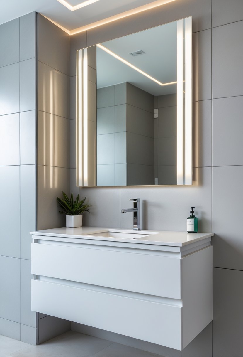 Bathroom Ideas 2026: 22 Stylish Trends for a Modern Upgrade 3 A modern bathroom with a wall-mounted floating vanity, a rectangular sink, a mirror, and tiled walls.