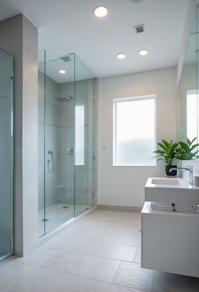 Bathroom Ideas 2026: 22 Stylish Trends for a Modern Upgrade 4 A bright bathroom with large light gray porcelain floor tiles, a walk-in shower, a floating white vanity, and natural light coming through a window.