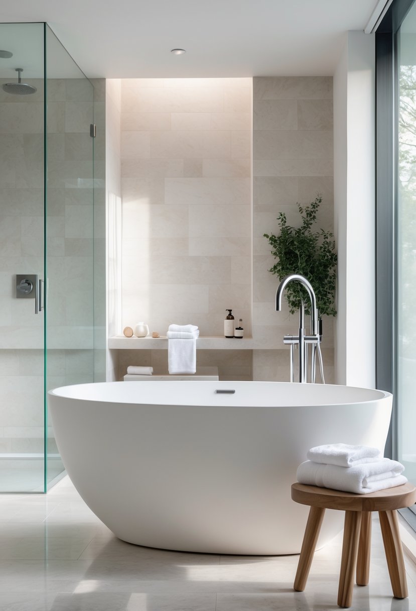 Bathroom Ideas 2026: 22 Stylish Trends for a Modern Upgrade 5 A modern bathroom with a white freestanding soaking tub near a large window, surrounded by stone tiles and minimalist fixtures.