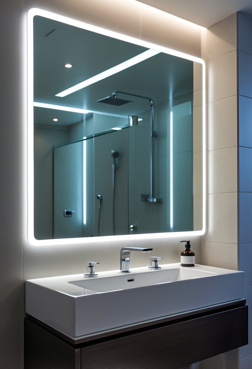 Bathroom Ideas 2026: 22 Stylish Trends for a Modern Upgrade 6 A modern bathroom with a backlit LED mirror showing a clear reflection in a steamy environment.