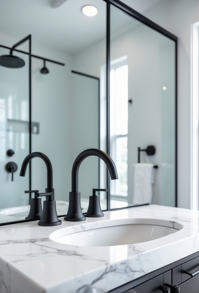 Bathroom Ideas 2026: 22 Stylish Trends for a Modern Upgrade 7 A bathroom with matte black faucet, towel racks, showerhead, and cabinet handles against light-colored walls and marble countertop.