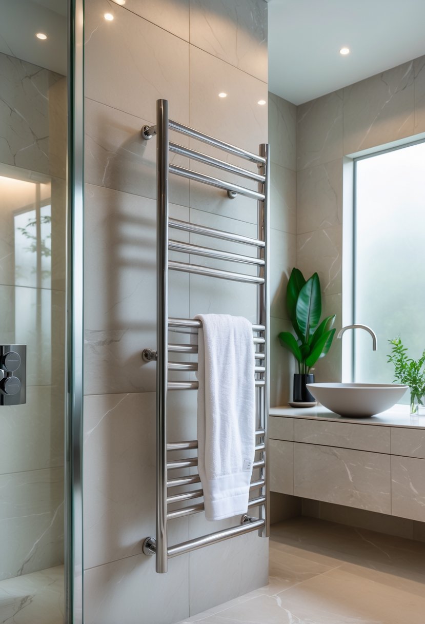 Bathroom Ideas 2026: 22 Stylish Trends for a Modern Upgrade 8 A modern bathroom with a stainless steel heated towel rack holding a white towel next to a walk-in shower and a floating vanity.