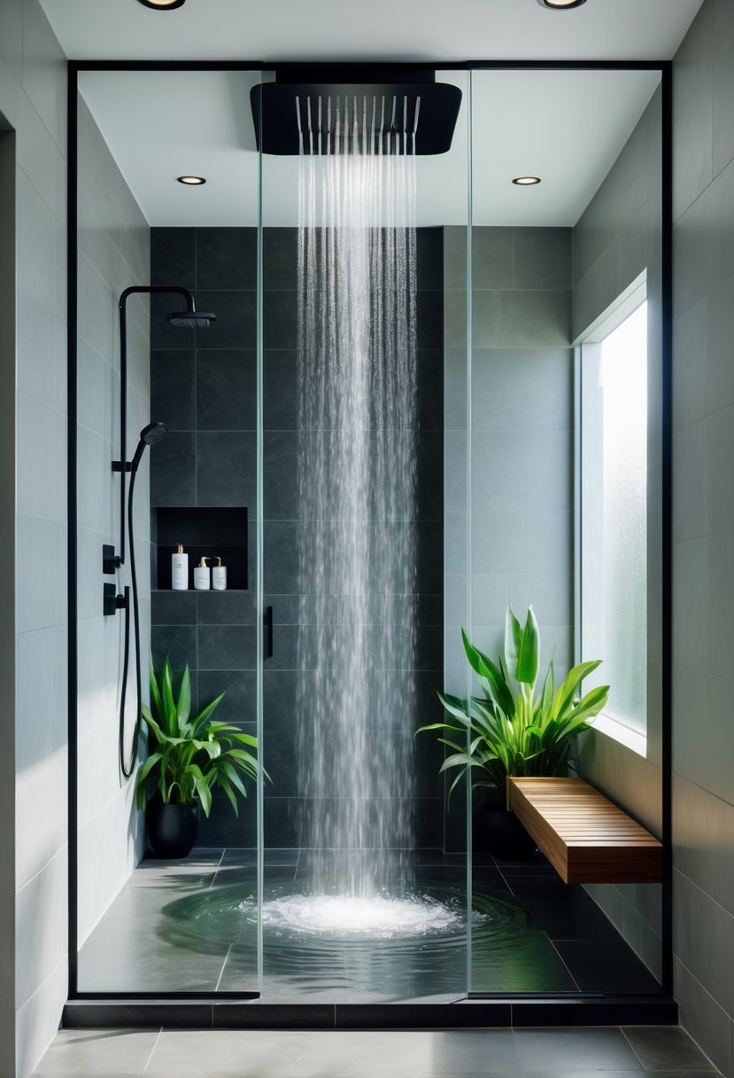 Bathroom Ideas 2026: 22 Stylish Trends for a Modern Upgrade 9 A bright bathroom with a walk-in waterfall shower featuring a glass enclosure, dark stone tiles, and plants.