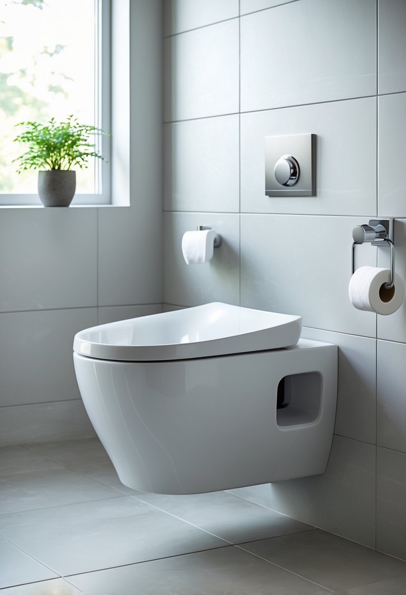 Bathroom Ideas 2026: 22 Stylish Trends for a Modern Upgrade 11 Wall-mounted dual-flush toilet in a modern bathroom with tiled walls and floor, a small plant on a shelf, and natural light coming in.