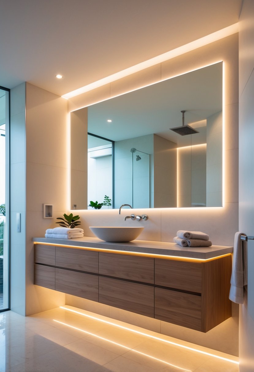 Bathroom Ideas 2026: 22 Stylish Trends for a Modern Upgrade 12 A bathroom with under-cabinet LED lighting beneath wooden vanity cabinets, a large mirror, and modern fixtures.