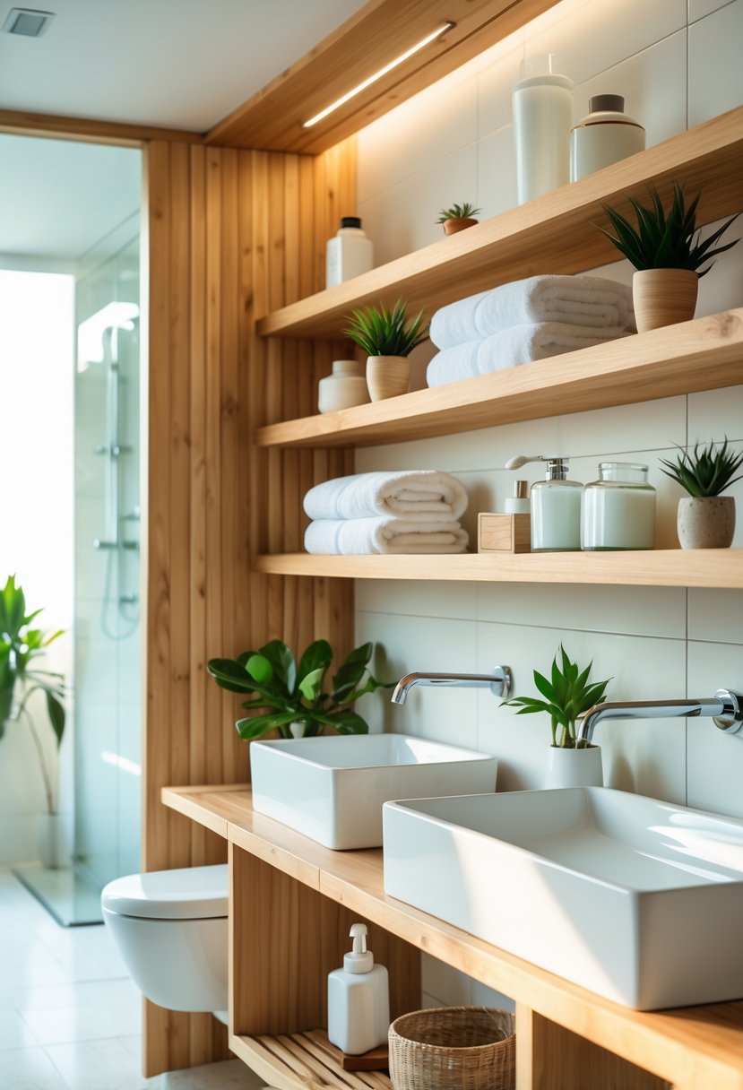 Bathroom Ideas 2026: 22 Stylish Trends for a Modern Upgrade 13 A bathroom with natural wood open shelves holding towels, plants, and bathroom accessories next to a sink and mirror.