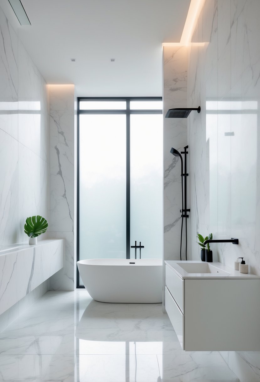 Bathroom Ideas 2026: 22 Stylish Trends for a Modern Upgrade 14 A modern bathroom with large marble wall panels, a freestanding bathtub, a floating vanity, and black fixtures under soft natural light.