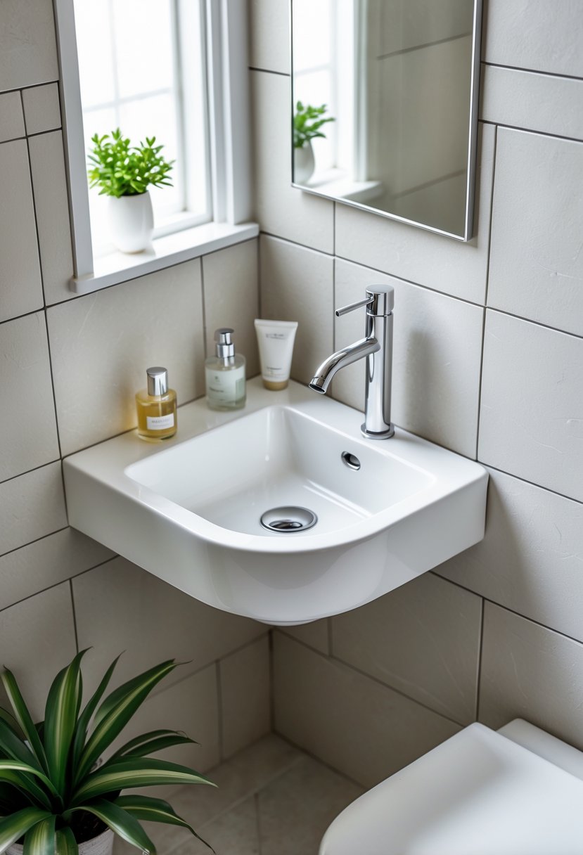 Bathroom Ideas 2026: 22 Stylish Trends for a Modern Upgrade 15 Compact corner sink installed in a small bathroom corner with a mirror, faucet, toiletries, and a small plant.