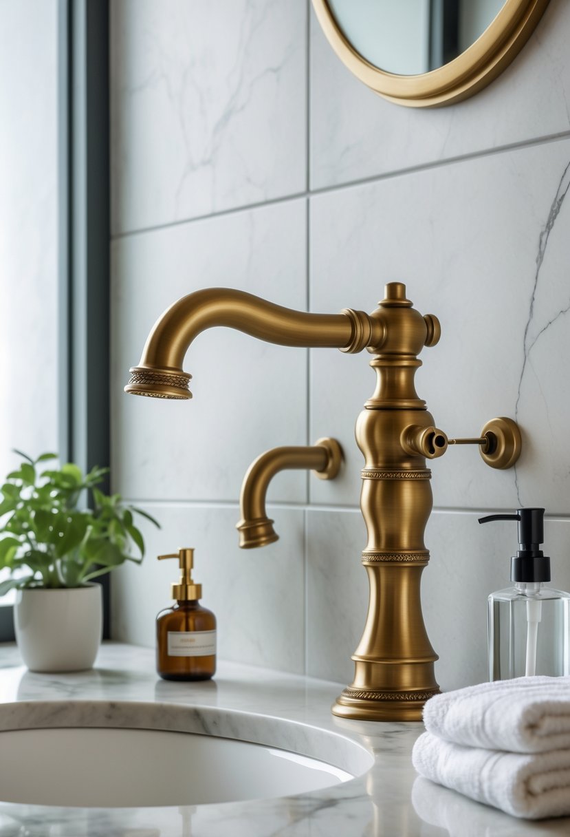 Bathroom Ideas 2026: 22 Stylish Trends for a Modern Upgrade 17 A vintage brass faucet mounted on a white marble countertop in a bathroom with a small plant, soap dispenser, and towel nearby.