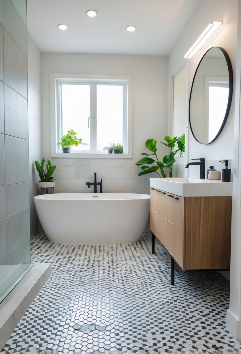 Bathroom Ideas 2026: 22 Stylish Trends for a Modern Upgrade 18 A modern bathroom with geometric patterned floor tiles, a white bathtub, wooden vanity, round mirror, and green plants.