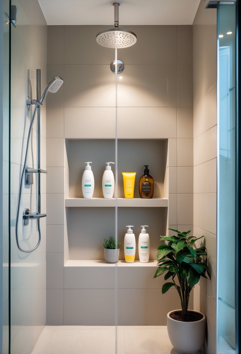Bathroom Ideas 2026: 22 Stylish Trends for a Modern Upgrade 19 A shower wall with a recessed niche holding shampoo bottles, body wash, and a small plant in a clean bathroom.