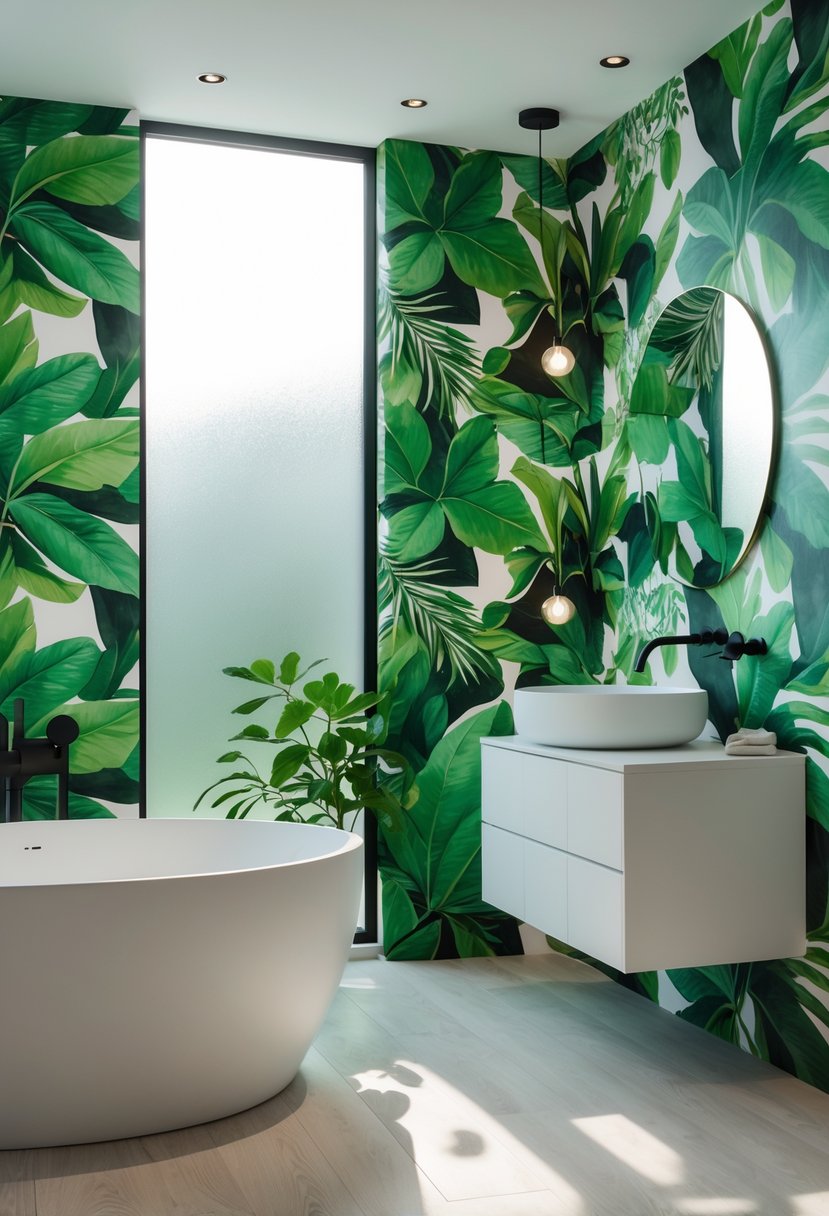 Bathroom Ideas 2026: 22 Stylish Trends for a Modern Upgrade 20 A modern bathroom with bold green botanical wallpaper, a white bathtub, and a round mirror above a vanity.