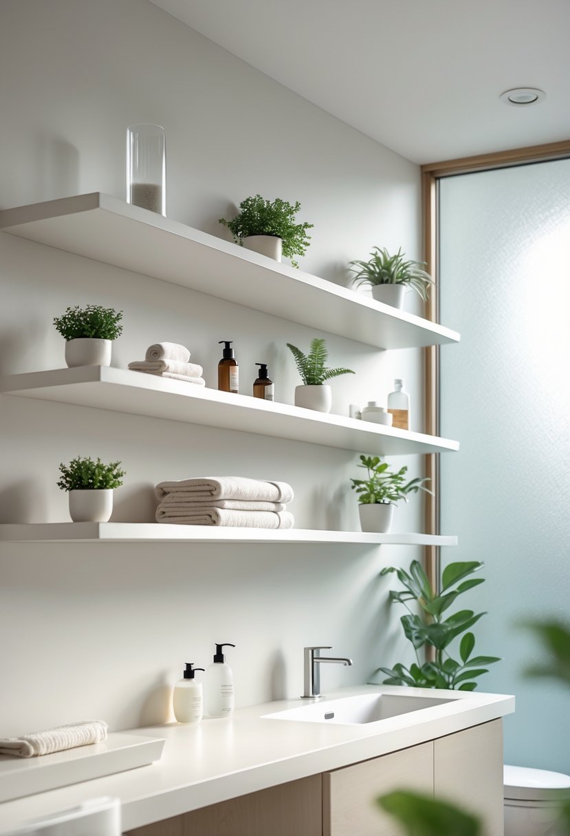 Bathroom Ideas 2026: 22 Stylish Trends for a Modern Upgrade 21 A bright bathroom with floating shelves holding plants, towels, and bathroom accessories on a light wall.