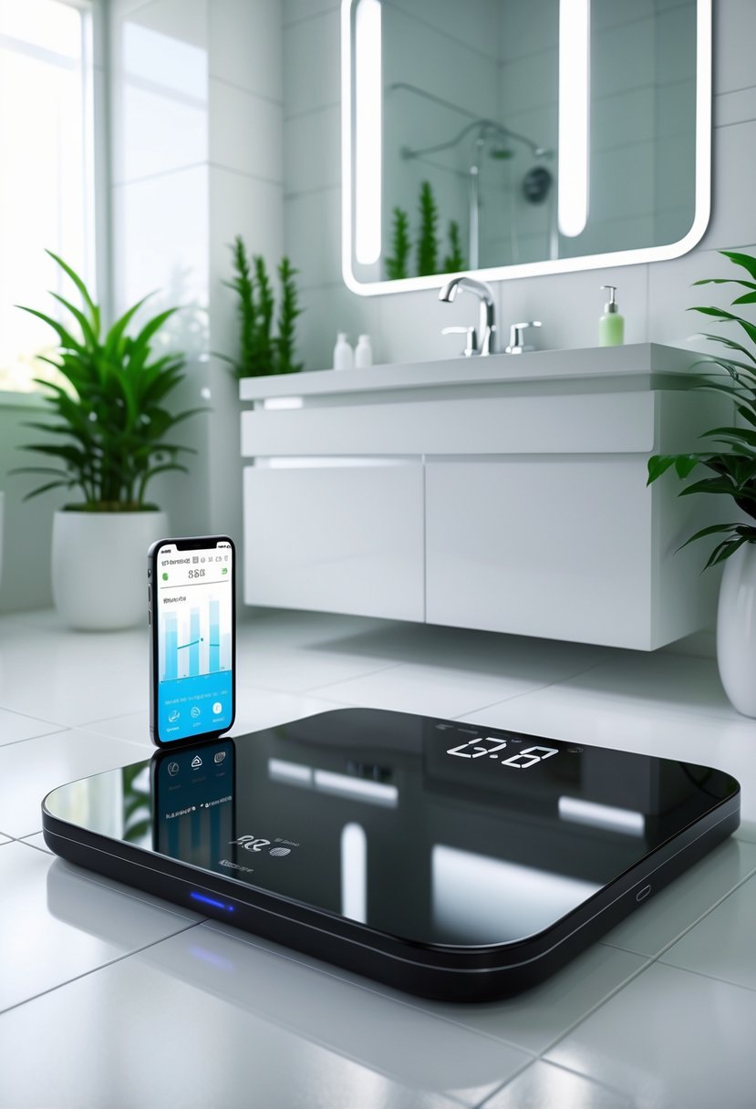 Bathroom Ideas 2026: 22 Stylish Trends for a Modern Upgrade 22 A smart bathroom scale on a tiled floor next to a smartphone showing a health app, with a modern bathroom background including a vanity, mirror, and plants.
