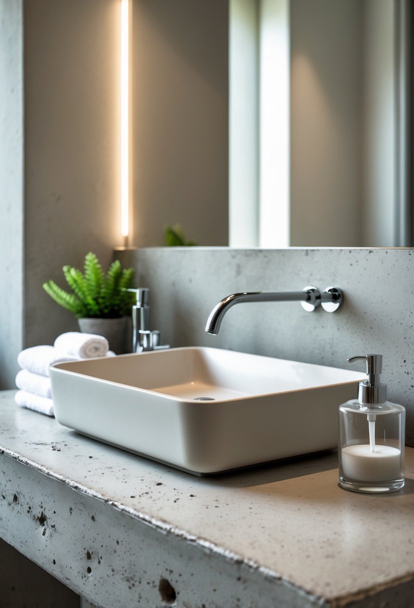 Bathroom Ideas 2026: 22 Stylish Trends for a Modern Upgrade 23 A bathroom countertop made of textured concrete with a white sink, chrome faucet, a small green plant, and bathroom accessories.