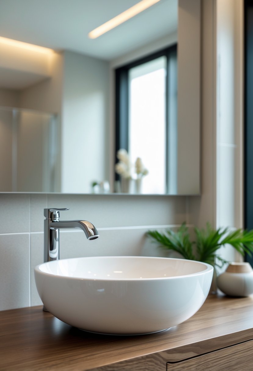 Bathroom Ideas 2026: 22 Stylish Trends for a Modern Upgrade 24 A round ceramic vessel sink on a wooden bathroom vanity with a chrome faucet and a large mirror in the background.