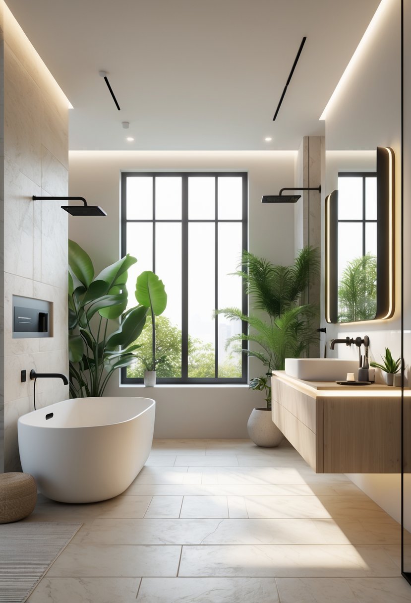 Bathroom Ideas 2026: 22 Stylish Trends for a Modern Upgrade 25 A spacious modern bathroom with a freestanding bathtub, floating vanity, glass shower, plants, and large windows letting in natural light.