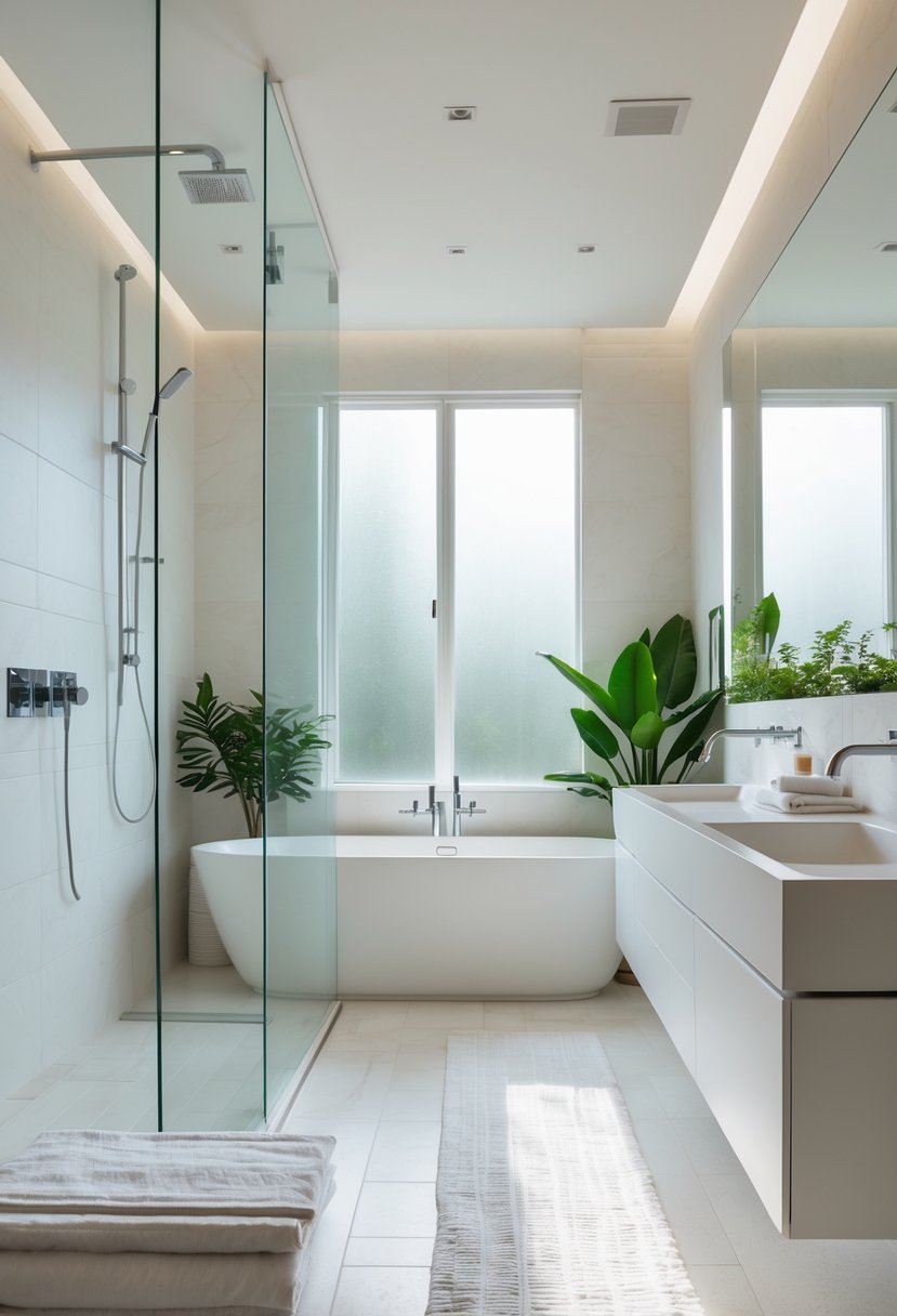 Bathroom Ideas 2026: 22 Stylish Trends for a Modern Upgrade 26 A modern bathroom with a walk-in glass shower, freestanding bathtub, double sink vanity, and natural light coming through a window.