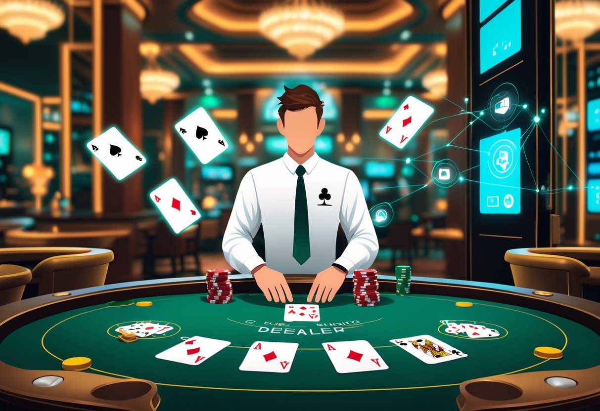 Seorang dealer sedang membagikan tiga kartu di meja hijau dengan latar belakang yang menunjukkan perpindahan dari kasino tradisional ke platform permainan online.