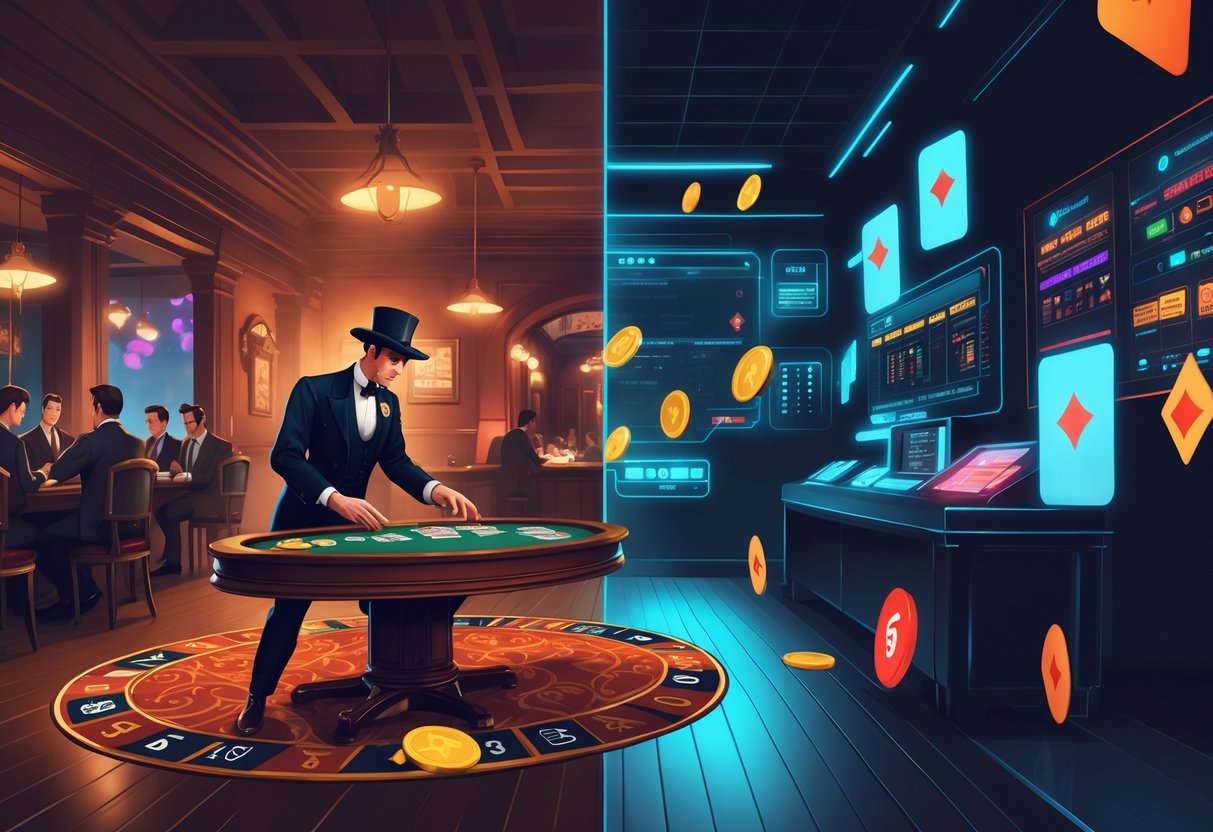 Seorang dealer kartu sedang membagikan tiga kartu di meja kayu dengan latar belakang yang berubah dari ruang permainan tradisional ke lingkungan permainan online modern.