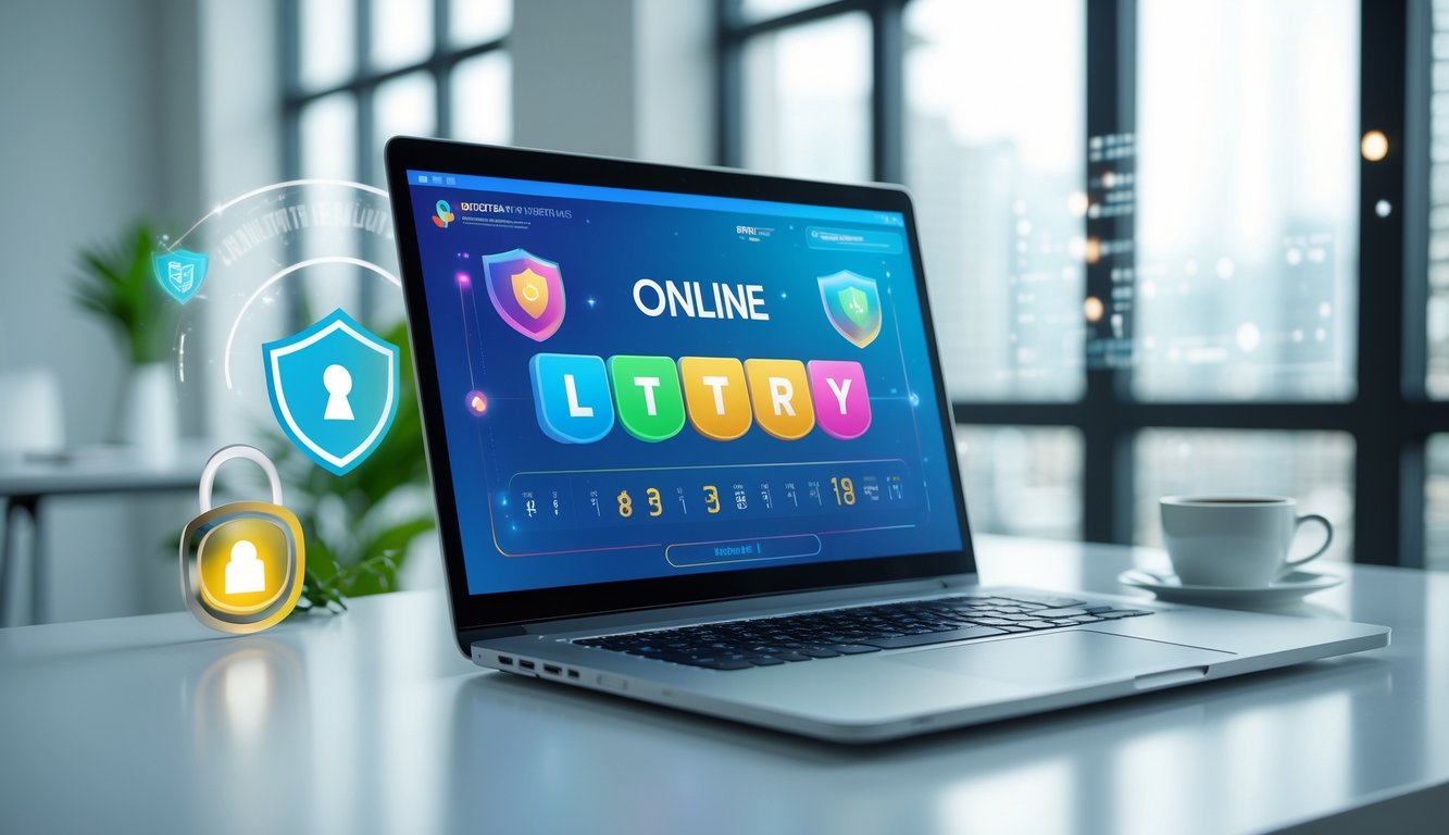 Seorang profesional menggunakan laptop di meja kerja dengan tampilan antarmuka lotere online yang modern dan aman.