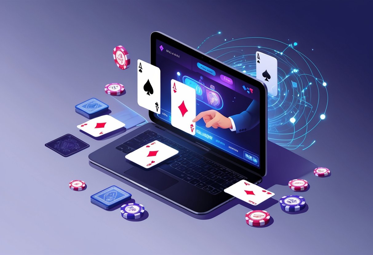 Ilustrasi seorang dealer kartu dengan tiga kartu di layar perangkat digital, menunjukkan perkembangan permainan 3 Cards DEALER dari tradisional ke online.