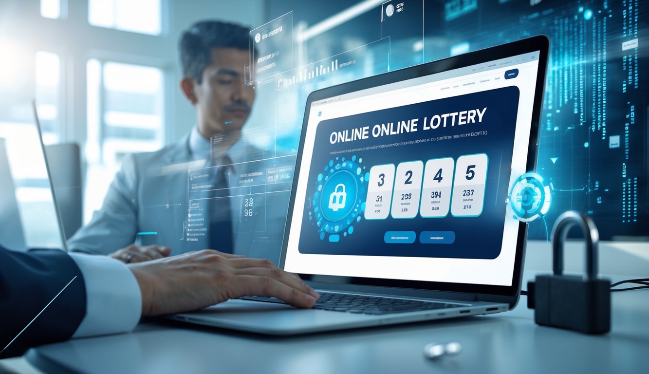 Seseorang menggunakan laptop di meja kerja modern dengan tampilan antarmuka lotere digital di layar.