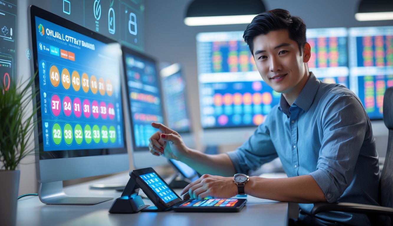 Seorang pria muda duduk di depan komputer dengan tampilan angka lotre online di layar, di dalam kantor modern.