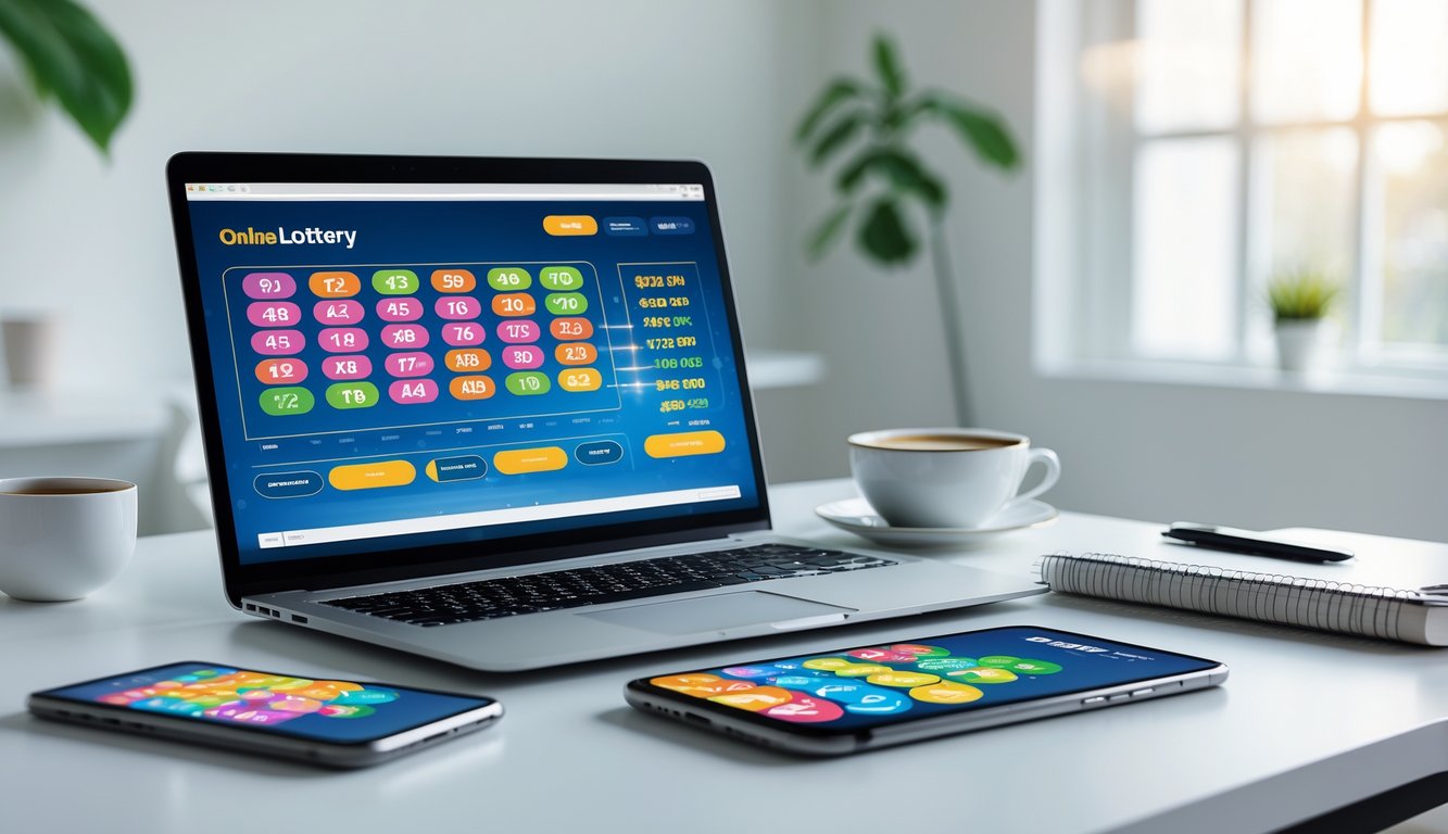 Sebuah ruang kerja modern dengan laptop dan ponsel yang menampilkan data togel online, di atas meja terdapat kopi dan buku catatan, dengan pencahayaan alami dari jendela.