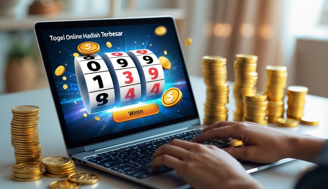 Tangan seseorang menggunakan laptop dengan tumpukan uang dan koin emas di meja, menggambarkan hadiah besar togel online.