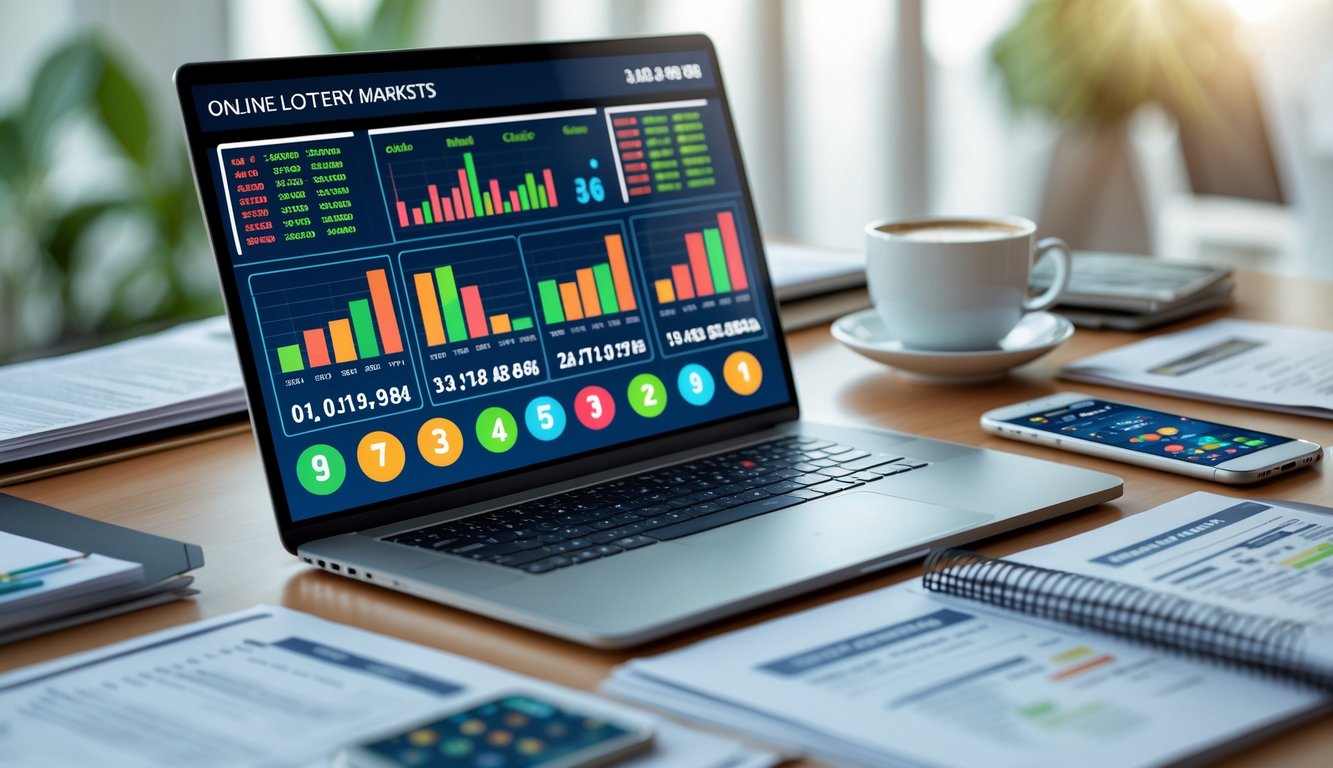 Meja kerja dengan laptop menampilkan grafik dan statistik lotere online, smartphone dengan aplikasi lotere, serta dokumen dan cangkir kopi.