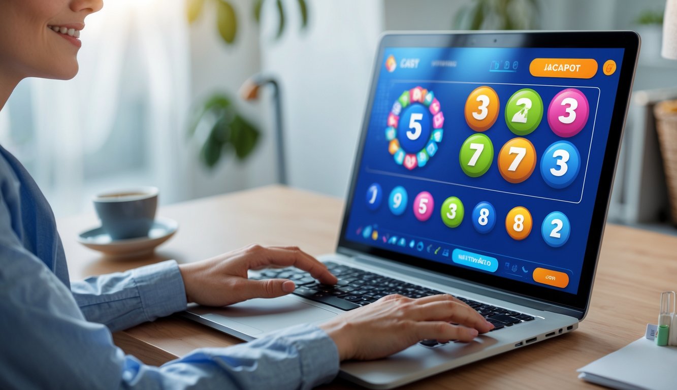 Seseorang menggunakan laptop di meja kerja dengan antarmuka lotere online yang berwarna-warni, terlihat santai dan senang di ruangan yang nyaman.