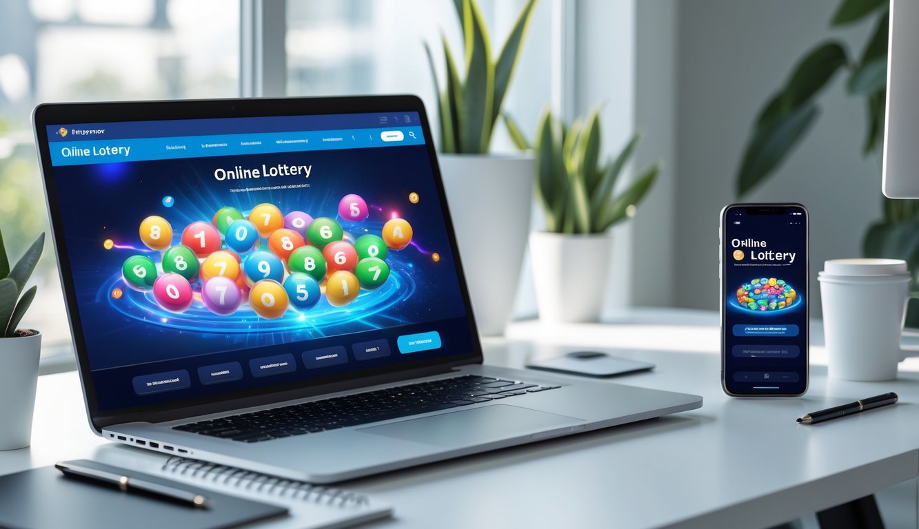 Meja kerja modern dengan laptop dan ponsel yang menampilkan situs togel online, dilengkapi tanaman dan alat tulis di sekitarnya.