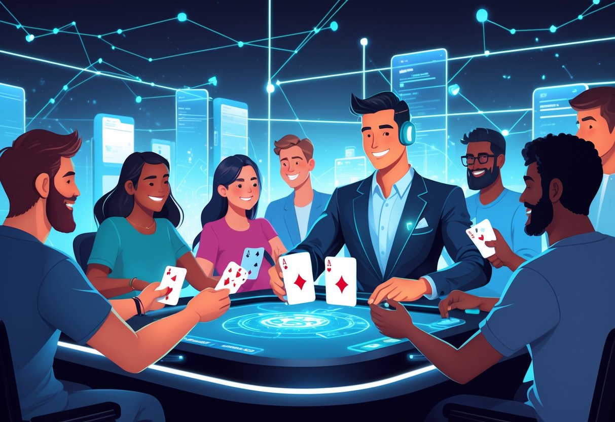 Ilustrasi pemain yang sedang bermain kartu 3 Cards Dealer P2P secara online dengan dealer virtual dan perangkat digital.