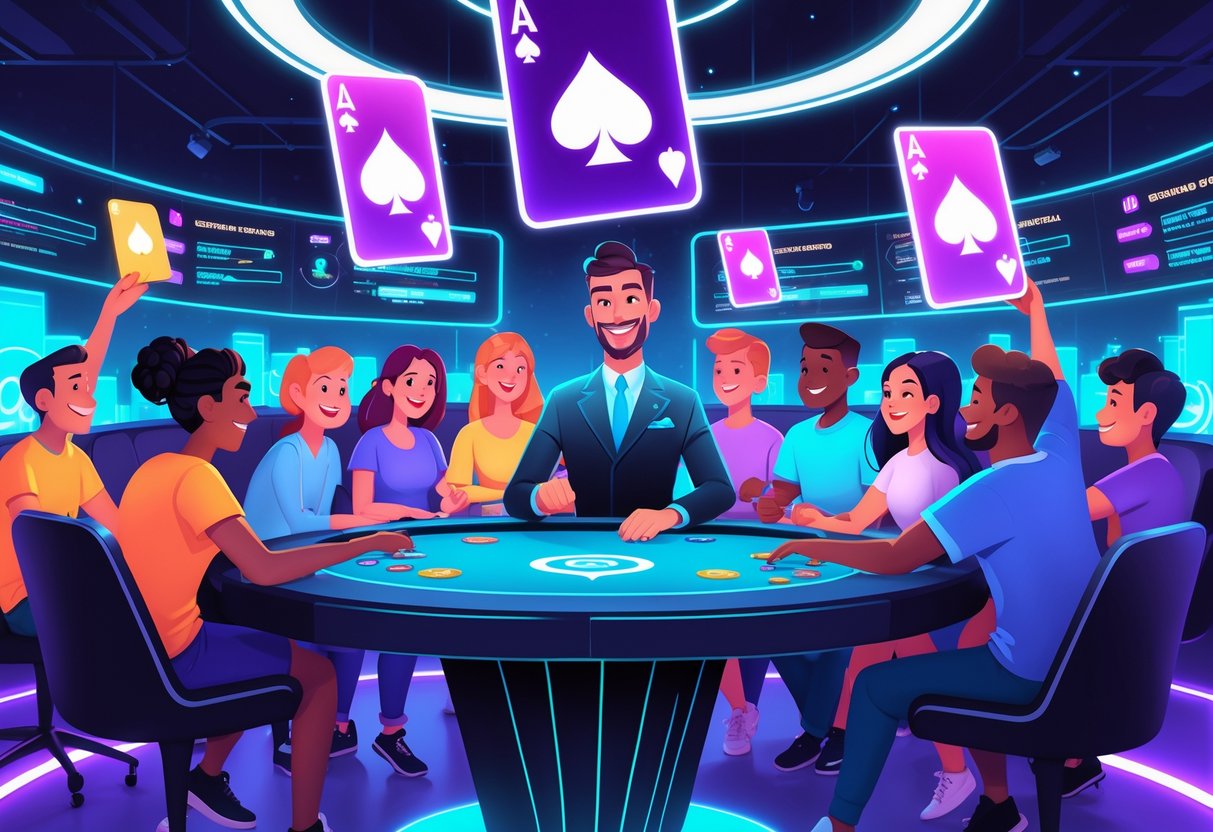 Sejumlah pemain sedang bermain kartu 3 Cards Dealer secara P2P di meja permainan digital dengan latar belakang lounge game modern dan teknologi futuristik.