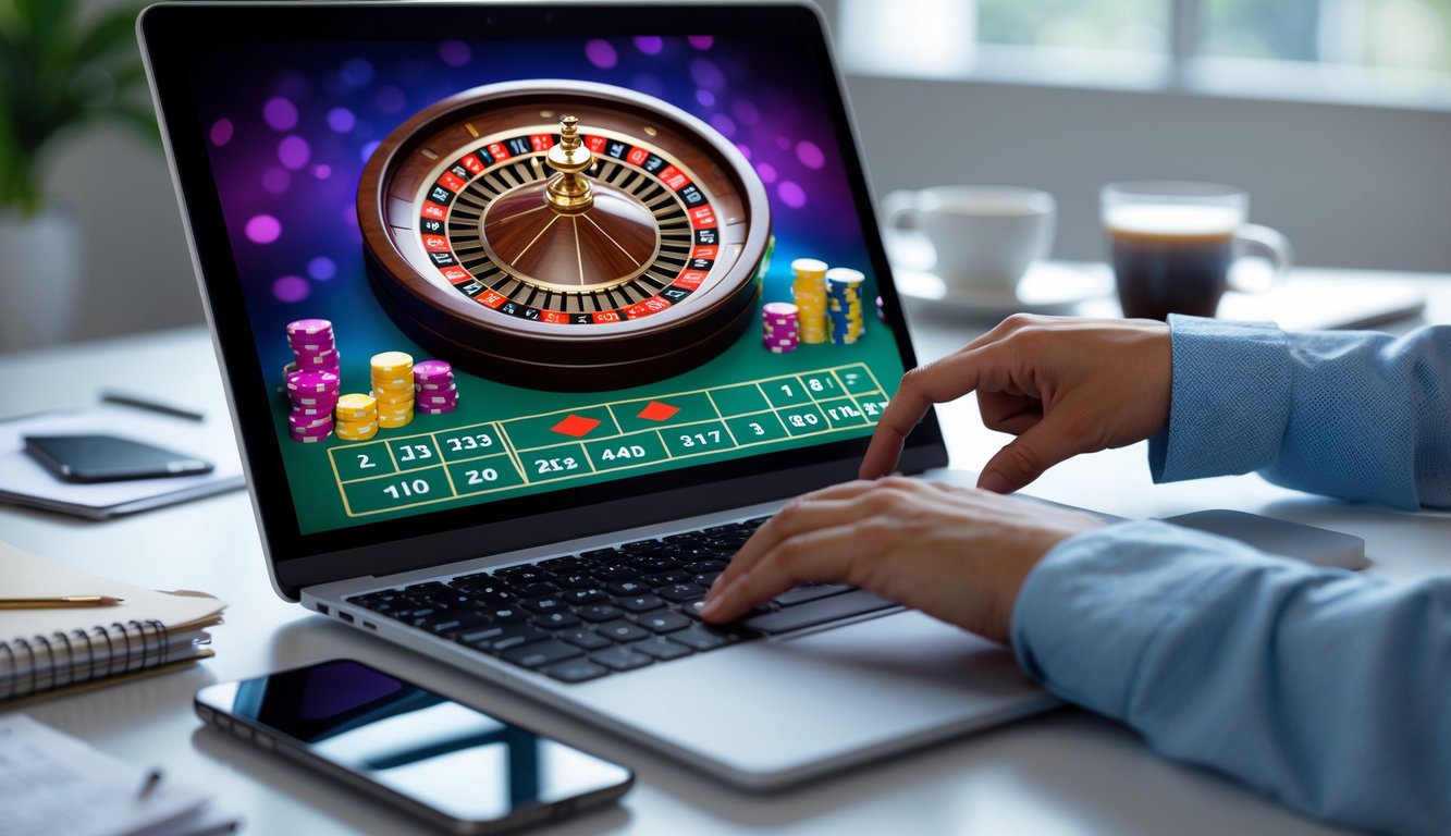 Seorang pria menggunakan laptop dengan tampilan roda roulette digital dan chip taruhan di meja kerja.